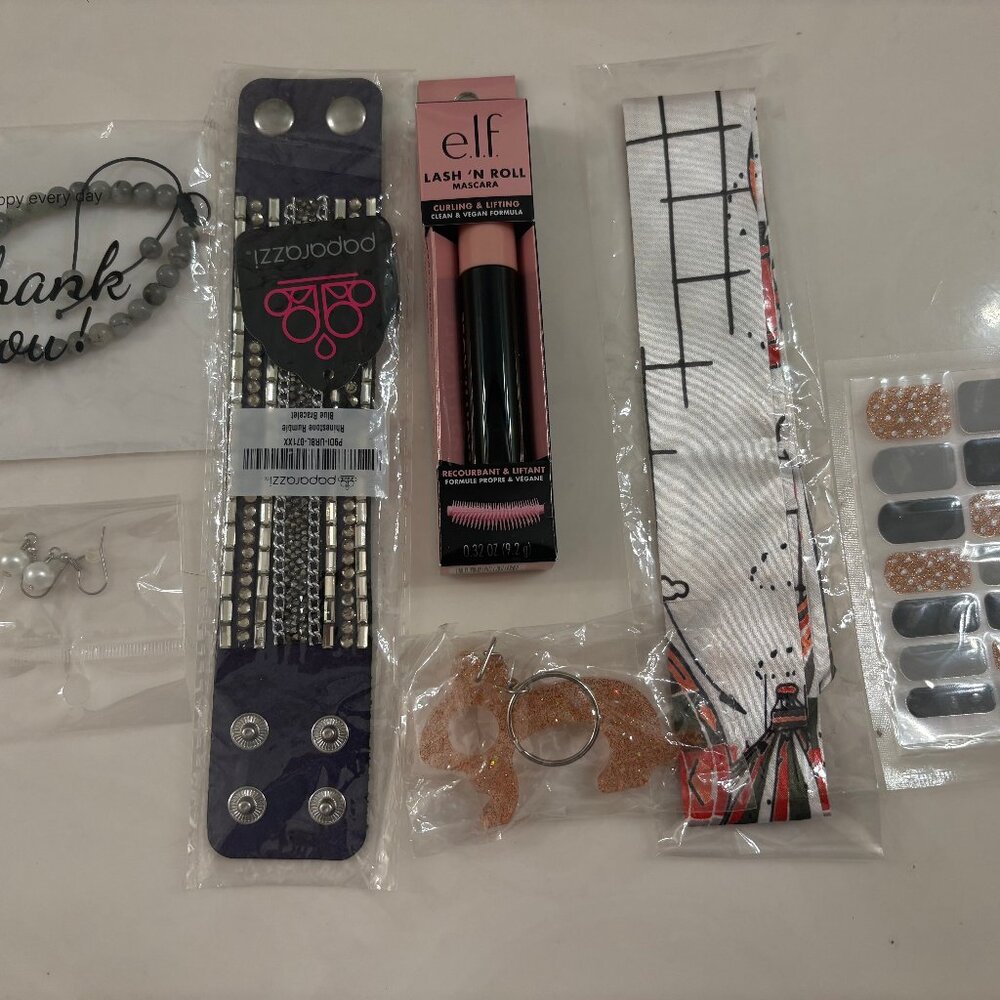 NEW Bracelet,  elf Mascara, silk scarf ponytail tie, ear rings, bracelet etc..